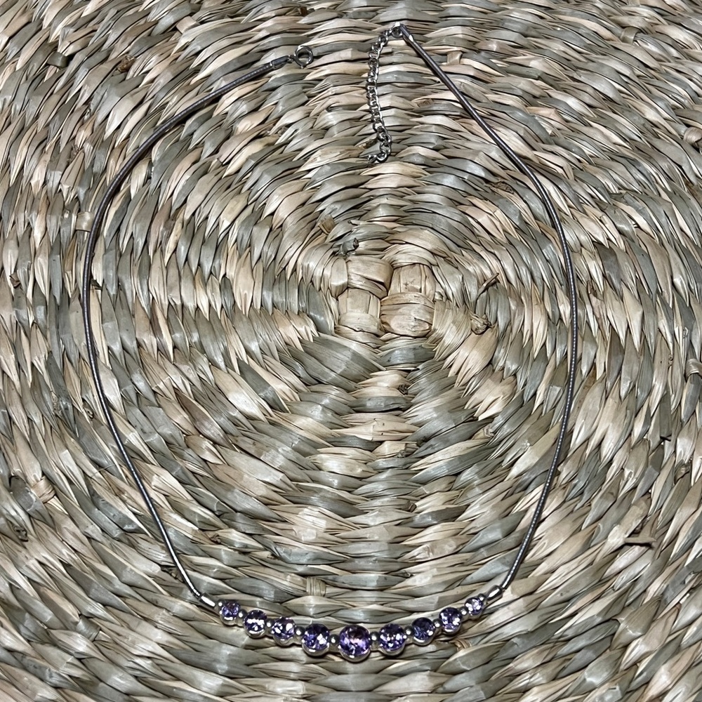 Silver omega chain collar necklace purple cubic zirconia